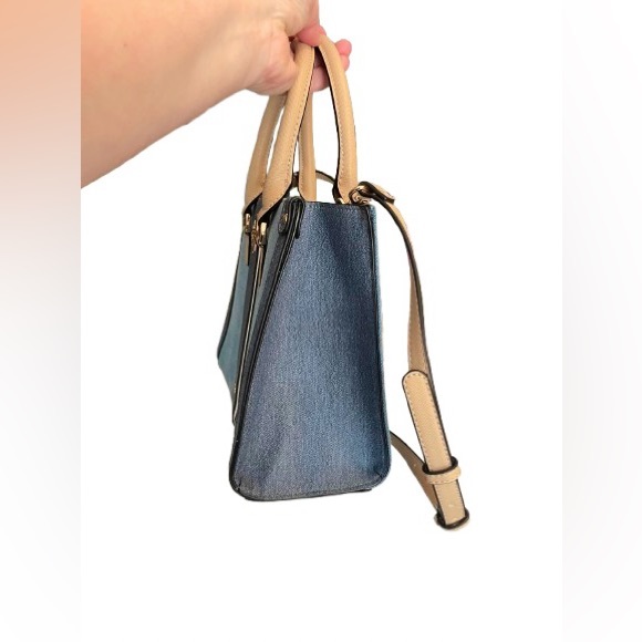 Aldo Tote Chambray Denim Convertible Satchel/Crossbody Handbag with Tan Accents - Picture 3 of 7